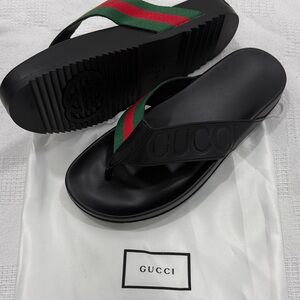Gucci Black Flip-Flops with Red and Green Accents